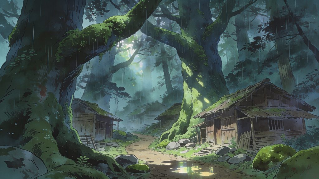 孤島・苔と霧の森の集落の背景イラストのフリー素材