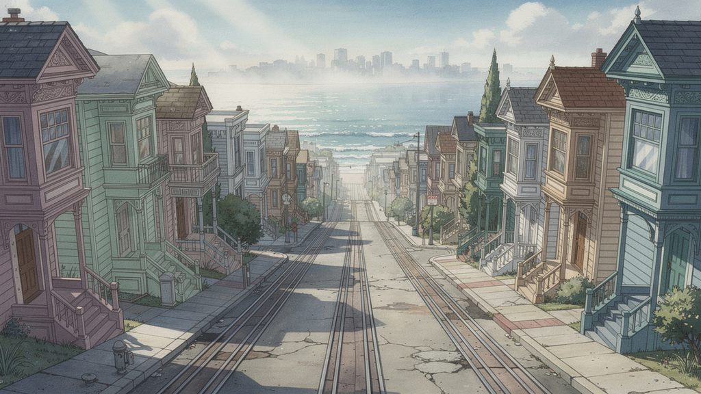 急坂とビクトリアンハウスの街並みの背景イラストのフリー素材