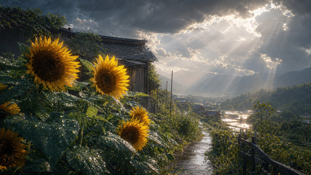 夕立後のひまわり畑