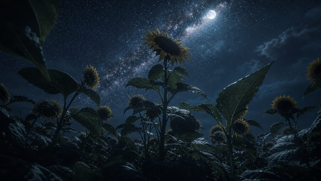 静けさに包まれる夜のひまわり畑