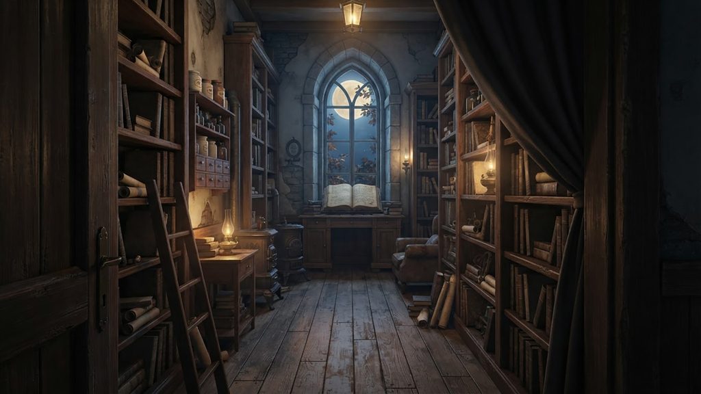 実り月の魔導書｜秋夜の魔法書斎の背景イラストのフリー素材