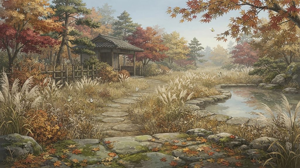 秋草に眠る静かな庭の背景イラストのフリー素材