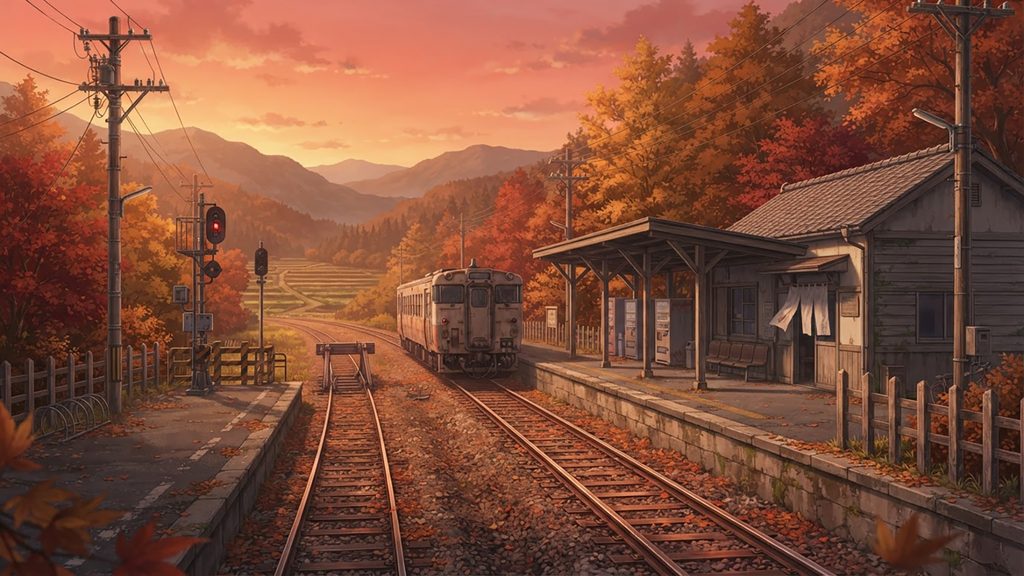 秋｜茜色の終着駅の背景イラストのフリー素材