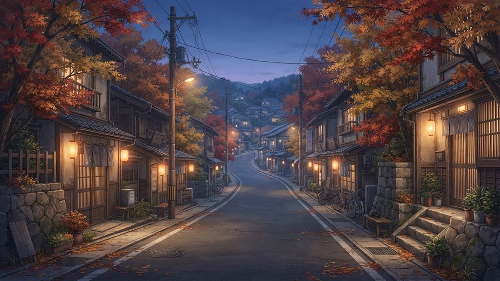 秋灯りに包まれた街並みの背景イラストのフリー素材