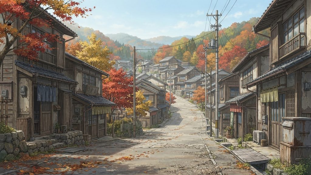 秋風クロニクル｜風が巡る古い街並みの背景イラストのフリー素材