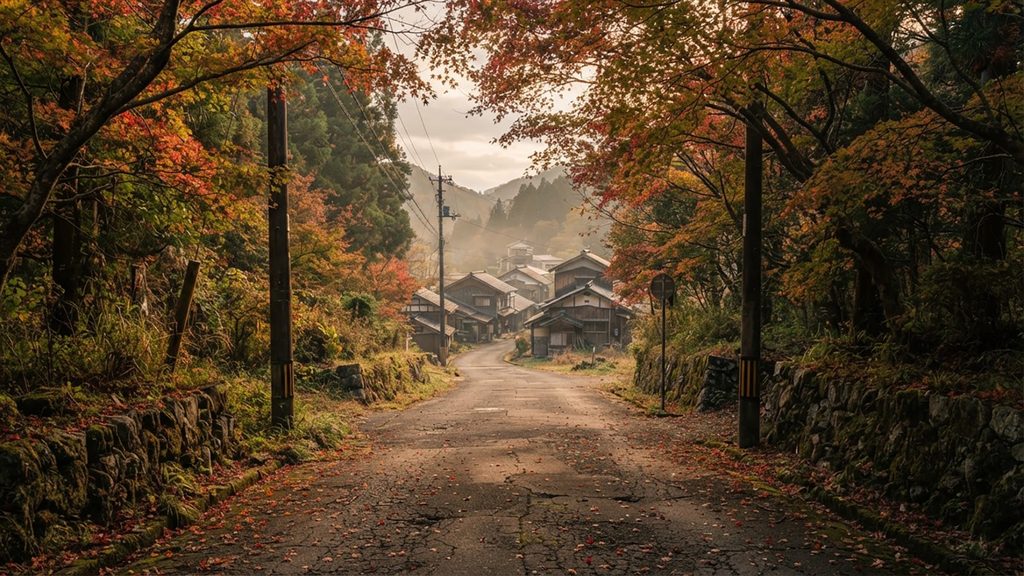 紅葉の果てに眠る街の背景イラストのフリー素材