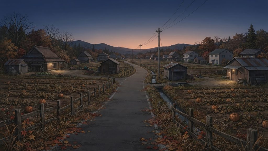 宵闇パンプキンロード｜秋夜のかぼちゃ街道の背景イラストのフリー素材