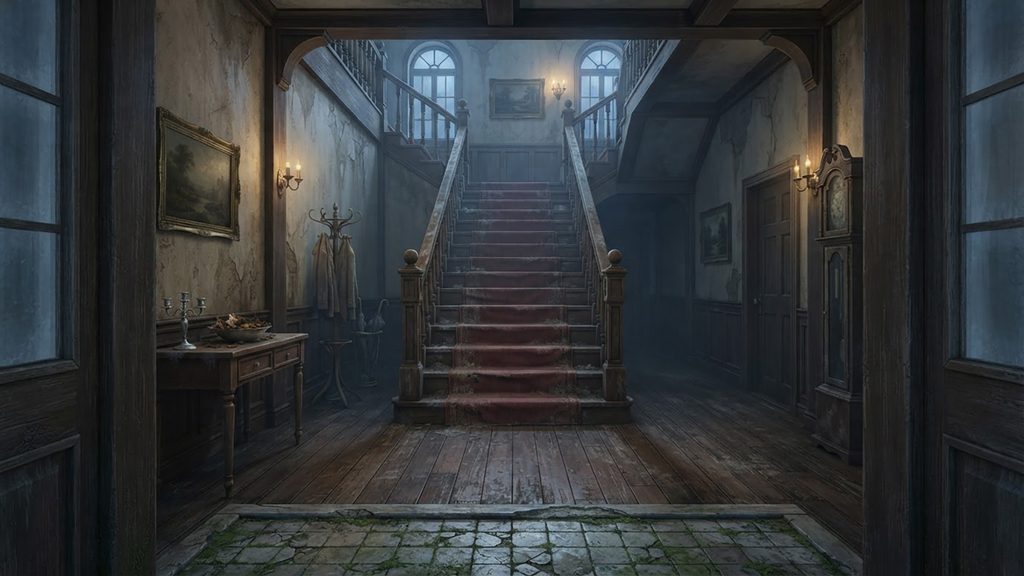 十月の幽霊屋敷｜秋霧に沈む古びた洋館の背景イラストのフリー素材