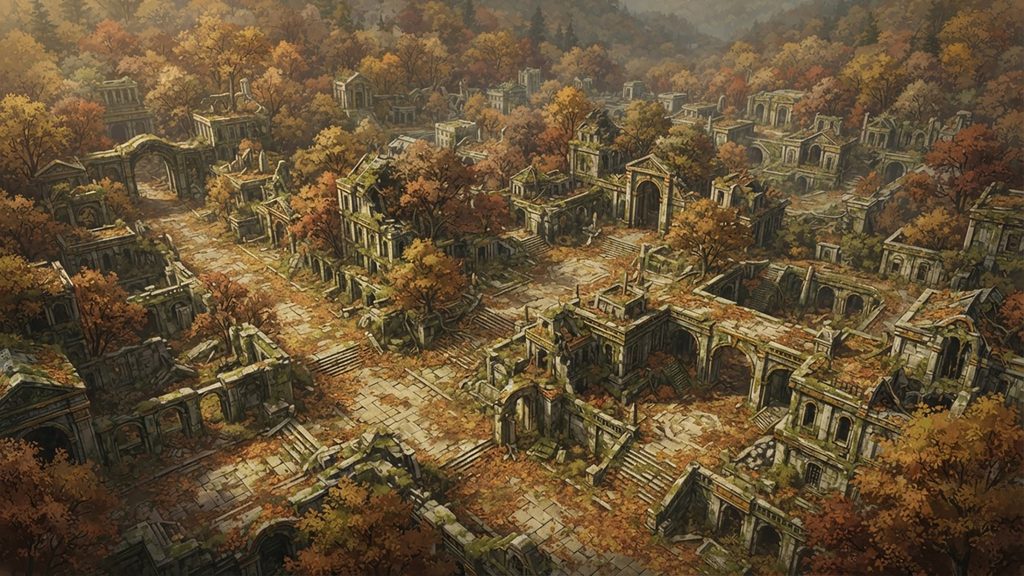 黄金郷は落葉の下に｜秋に埋もれた古代都市の背景イラストのフリー素材