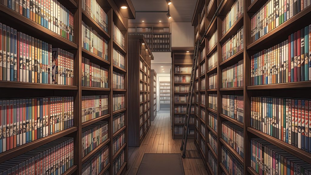 ネットカフェの本棚通路の背景イラストのフリー素材