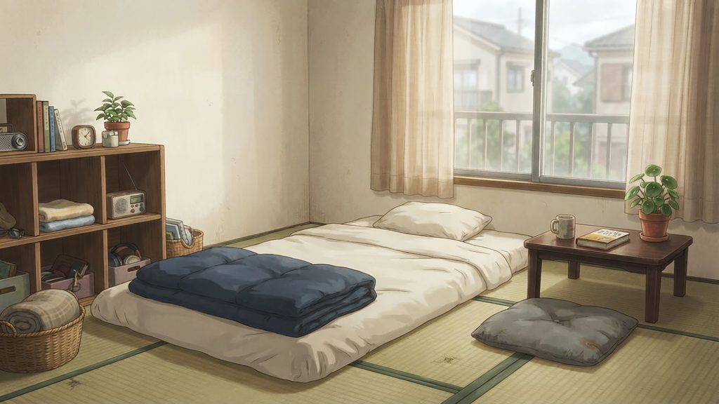 生活感のあるワンルームアパート（布団の部屋）