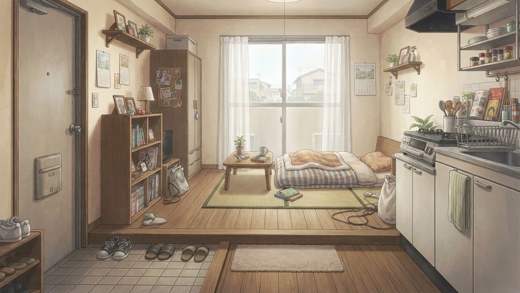 生活感のあるワンルームアパート（布団の部屋）