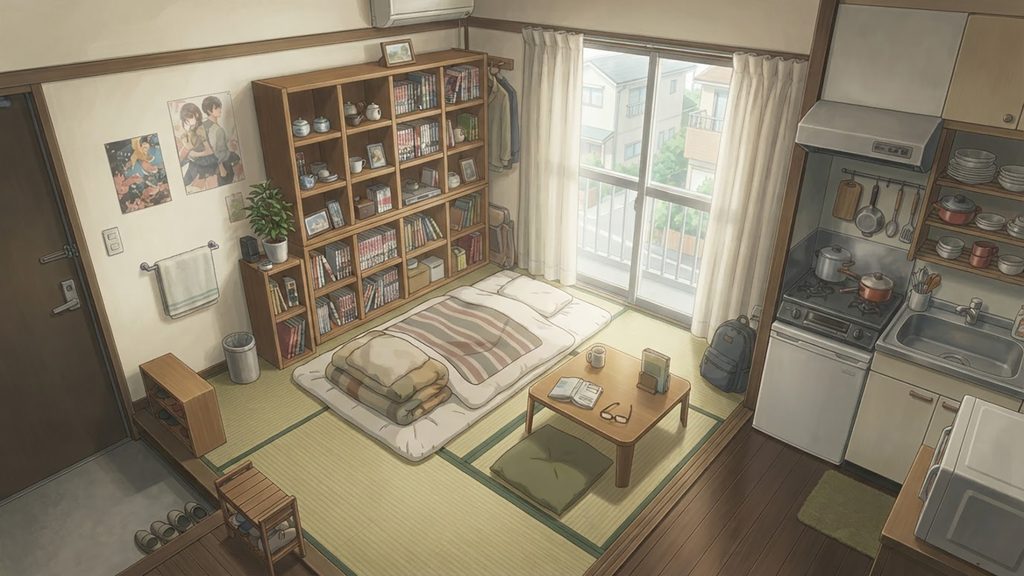 生活感のあるワンルームアパート（布団の部屋）