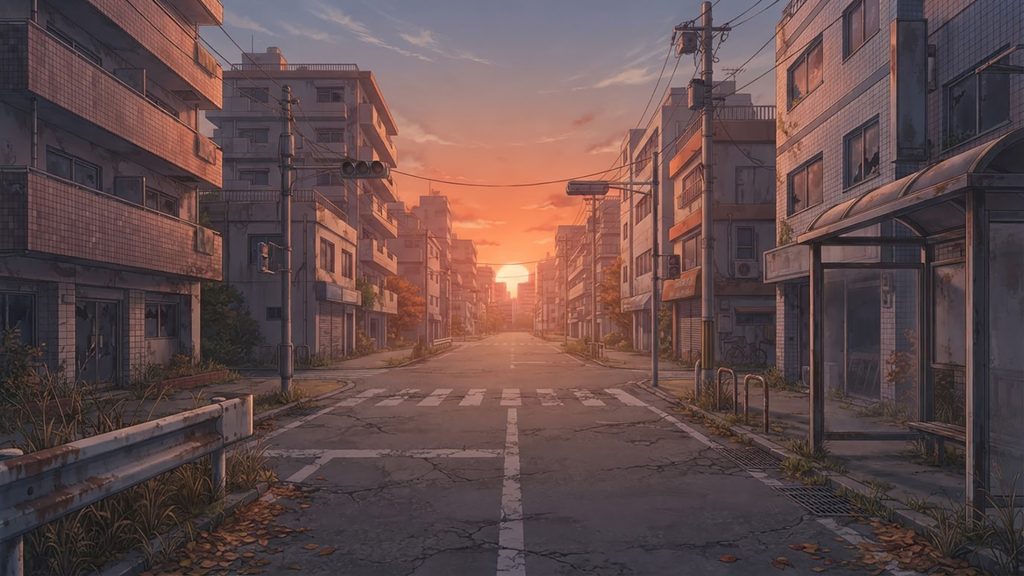 夕焼け空の終末譚｜静かに朽ちる街の背景イラストのフリー素材