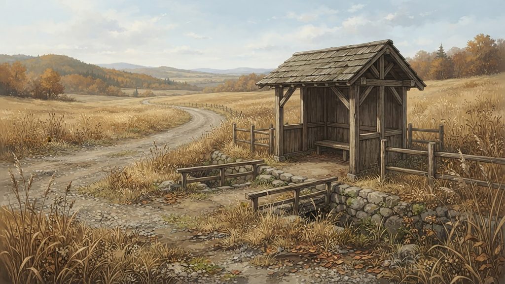 金色野原の旅路｜秋風わたる高原街道の背景イラストのフリー素材