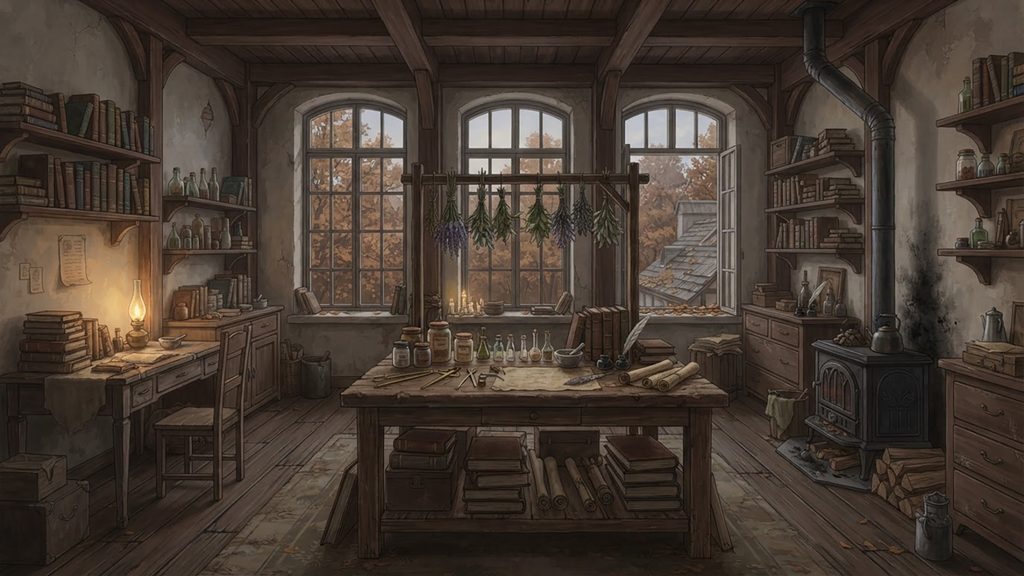 胡桃色の魔法使い｜秋色の魔法工房の背景イラストのフリー素材