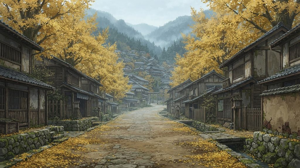黄葉街道の怪異録｜秋色に沈む旧街道の背景イラストのフリー素材
