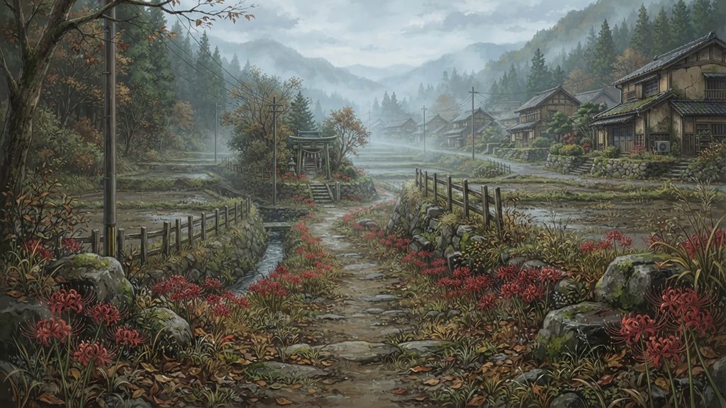 彼岸花の向こうへ｜秋霧に続く古道の背景イラストのフリー素材