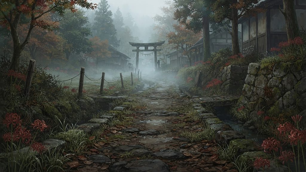 彼岸花の向こうへ｜秋霧に続く古道
