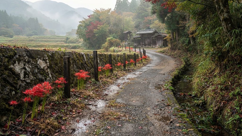彼岸花の向こうへ｜秋霧に続く古道