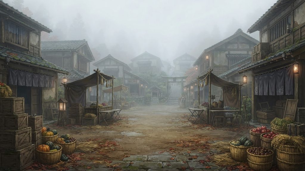 霧深き収穫祭｜秋の村と祭りの跡の背景イラストのフリー素材