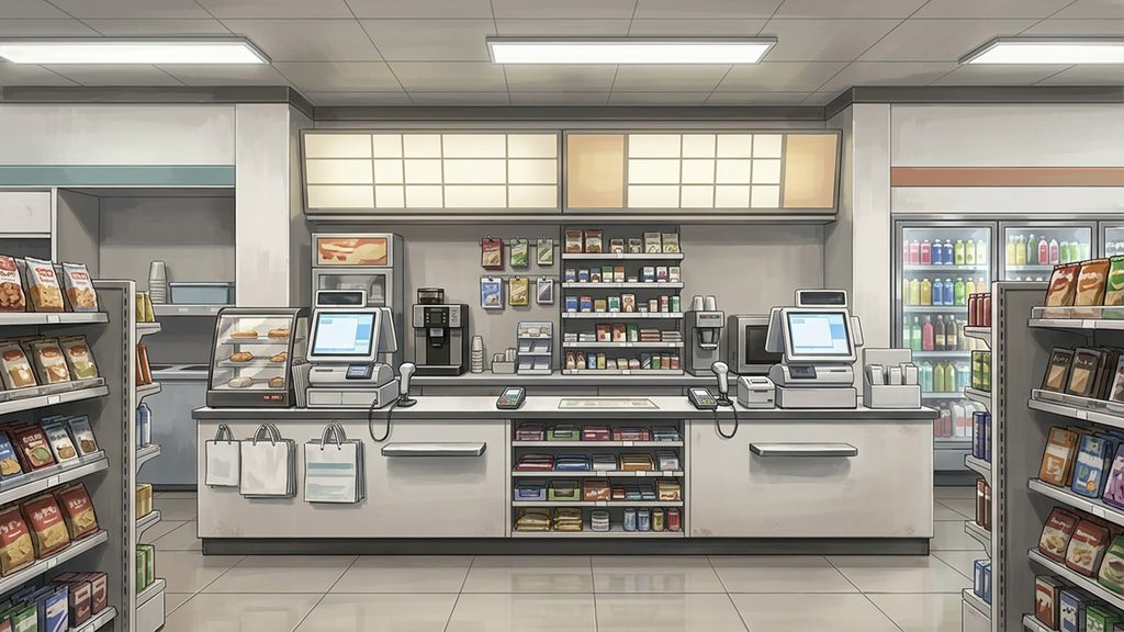 現代のコンビニ店内の背景イラストのフリー素材