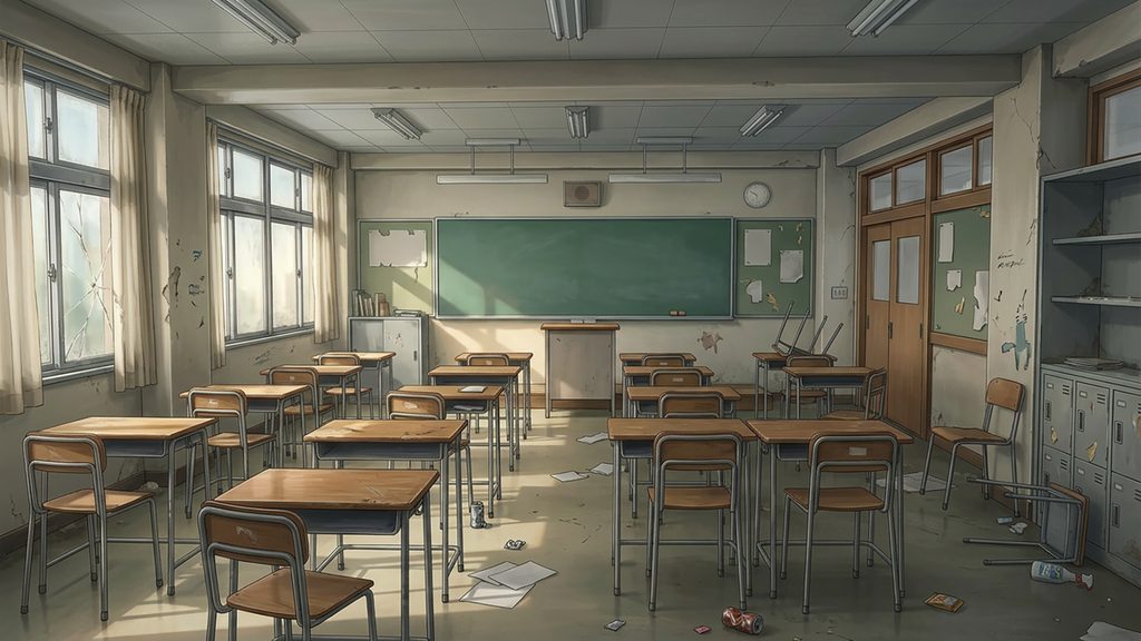 ヤンキー・不良学校風の荒れた教室の背景イラストのフリー素材