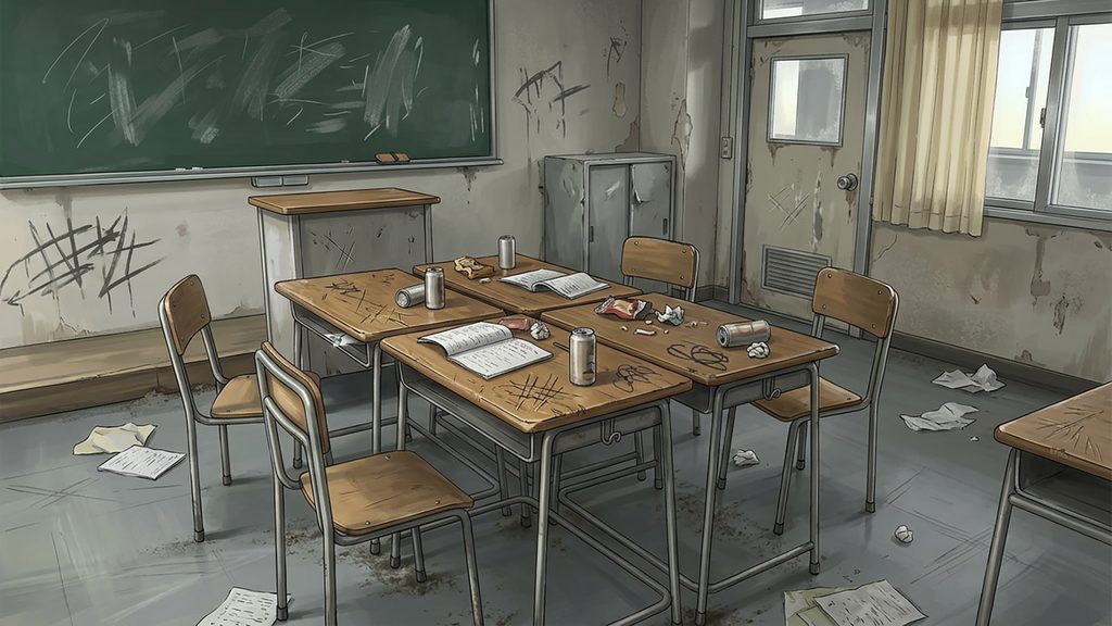 ヤンキー・不良学校風の荒れた廊下の背景イラストのフリー素材