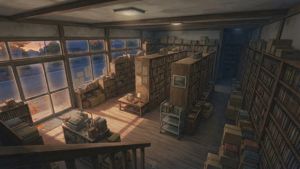 夕暮れ古書店奇譚｜秋の古書店と静かな街角の背景イラストのフリー素材